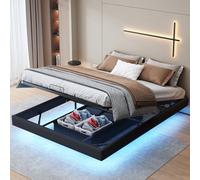 LONELYO Lit 160x200 avec Sommier à Lattes, sommier 160x200, Coffre et Tables de Nuit LED - Double avec Rangement, Cadre Capitonné (Noir)