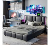 LONELYO Lit 160x200 avec Sommier et Coffre, Lit Double Capitonné avec Tête LED et Chargeur USB, Rangement Hydraulique, PU Noir