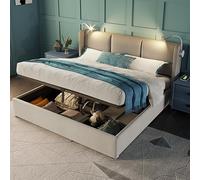 LONELYO Lit 160x200 avec Sommier et LED et USB, Lit Coffre 160x200 avec Tête de Lit et Espace de Rangement - Cadre en Lin Beige Capitonné, Lampes de Lecture, Grand Coffre Hydraulique, Lit 2 Personnes
