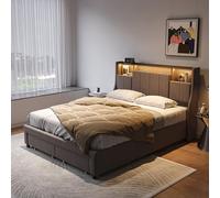 LONELYO Lit 160x200 avec Sommier LED et USB, Lit Double Rembourré avec 2 Tiroirs, Tete de lit avec Rangement, pour Adultes et Adolescents, Lin,Gris