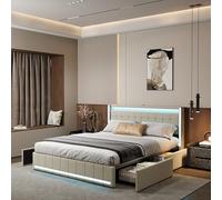 LONELYO Lit 160x200 avec Sommier LED et USB, Rangement et Tiroirs - Lit Coffre Moderne en Lin Beige pour Adolescents