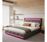 LONELYO Lit 160x200 avec Sommier LED, Lit Double rembourré avec sommier à Lattes et 4 Tiroirs,lit 2 Personnes pour Adultes et Adolescents,Lin