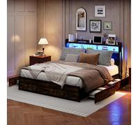 LONELYO Lit 160x200 avec Sommier LED Réglable avec Multiprise,Cadre de Lit 160x200 avec Rangement, 4 Compartiments Ouverts et 1 Caché - sans Matelas