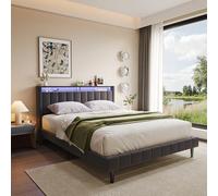 LONELYO Lit 160x200 avec Sommier, Lit 2 Personne 160 × 200 cm, lit Rembourré avec LED et USB, Espace de Rangement, Sommier à Lattes, Tête de Lit Capitonnée