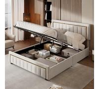 LONELYO Lit 160x200 cm, lit Coffre avec Rangement, Cadre de Lit avec Sommier à Lattes et Tete de Lit - Lit Capitonné,pour Adolescents et Adultes, Velours, Beige