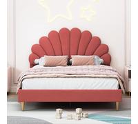 LONELYO Lit Capitonné 140x200, Lit 140x200 avec Sommier en Velours Rouge Bordeaux, Lit 2 Personnes en Velours Doux, Tête de Lit en Forme de Pétale, Pieds Dorés, Design Moderne et Élégant