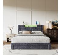 LONELYO Lit capitonné, 160 x 200 cm, avec lumière LED et USB, espace de rangement, avec 4 tiroirs, tête de lit avec étagère et éclairage, lit double gris avec sommier à lattes, lit double pour 2