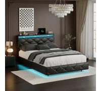 LONELYO Lit Capitonné 160x200 cm avec Éclairage LED, Ports USB, Tête de Lit Réglable, Design Flottant et Rembourré en PU Noir, Idéal pour Adultes et Adolescents (160x200)