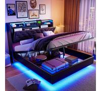 LONELYO Lit capitonné, lit double, avec éclairage LED, coffre de lit, en cuir synthétique, sommier à lattes, 140 x 200 cm (140 x 200 cm)