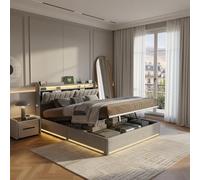 LONELYO Lit Coffre 140x190 avec Sommier à Lattes et LED - Lit Capitonné Gris avec Tête de Lit avec Rangement et Éclairage Ambiant, Design Moderne et Fonctionnel pour Chambre à Coucher