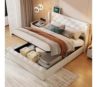 LONELYO Lit Coffre 140x190 cm avec Sommier à Lattes, Lit Double Capitonné en Velours Beige avec Tête de Lit LED et Lampe de Chevet Intégrée, Design Moderne et Rangement Pratique