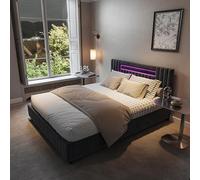 LONELYO lit Coffre 140x200 avec éclairage LED, Lit Coffre 140x200 avec Rangement et Tete de, Lit Double avec à Lattes, Velours, Gris