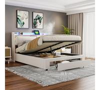 LONELYO Lit Coffre 140x200 avec Rangement Hydraulique, LED et USB, Lit Double en Velours Beige avec Tête de Lit Capitonnée et Sommier, Design Moderne