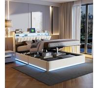 LONELYO Lit Coffre 140x200 avec Sommier à Lattes et LED - Lit Capitonné Beige avec Tête de Lit avec Rangement et Éclairage Ambiant, Design Moderne et Fonctionnel pour Chambre à Coucher