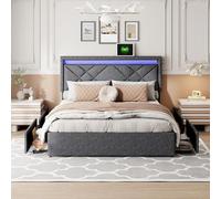 LONELYO Lit Coffre 140x200 avec Sommier et 4 Tiroirs - Lit Capitonné en Lin Gris Foncé avec Tête de Lit LED et Ports USB - Lit 2 Personnes Moderne avec Rangement Pratique