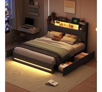 LONELYO Lit Coffre 140x200 avec Sommier LED et Ports USB, Lit Double Capitonné avec Tête en Bois, Cadre en Lin Moderne avec 4 Tiroirs Coulissants, Gris - Lit Adulte 2 Personnes