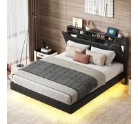 LONELYO Lit Coffre 140x200 avec Sommier LED et USB, Rangement à Vérin Hydraulique, Lit 2 Personnes, Tête de Lit Réglable Rembourrée, Lit Capitonné 140x200, Lit Double avec à Lattes