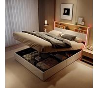 LONELYO Lit Coffre 140x200 avec Sommier, Lit 2 Personnes avec Rangement Hydraulique et Éclairage LED, Cuir PU Blanc et Bois