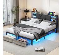 LONELYO Lit Coffre 140x200 avec Sommier Métal et Bois, LED RGB Intégrées, Tête de Lit avec Rangement et Ports USB, Lit Double Design Moderne avec 2 Grands Tiroirs, Capitonné pour Chambre Adulte