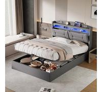 LONELYO Lit Coffre 140x200 avec Sommier, Tête de Lit en Tissu Gris, Éclairage LED et Ports USB, Fonction de Rangement et Système à Vérin (Gris Clair, 140x200)