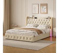 LONELYO Lit Coffre 140x200 cm avec Éclairage LED et Rangement Hydraulique - Design Moderne en Velours Beige pour Chambre d'Adulte