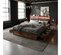 LONELYO Lit Coffre 140x200 cm avec Sommier à Lattes, Éclairage LED, 4 Tiroirs de Rangement, Tête de Lit Capitonnée en PU, Cadre Métallique Robuste, Lit Double pour Chambre Moderne