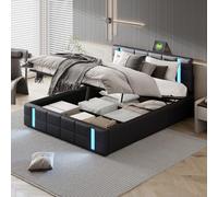 LONELYO Lit Coffre 140x200 cm avec Sommier et Rangement Hydraulique - Lit 2 Personnes Capitonné en Simili Cuir Noir, LED Intégrées, 2 Ports USB, Panneau Acrylique - Design Moderne et Élégant