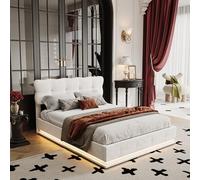 LONELYO Lit Coffre 140x200 cm avec Sommier Intégré - Tête de Lit Capitonnée, Mécanisme Hydraulique, Éclairage LED sous Le Couchage, Lin Beige, pour 2 Personnes