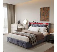 LONELYO lit Coffre 140x200 cm avec USB et Type-C, Lumière LED, Lit Capitonné avec Rangement, Fonction hydraulique, Lit Double avec Tête de Lit Rangement, Velours Gris