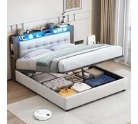 LONELYO lit Coffre 140x200 cm, Cadre de lit 140x200,sommier 140x200, Lit Double Rembourré avec Tête de lit Rangement avec lumière LED et Chargeur sans Fil de Chevet, Velours