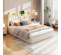 LONELYO Lit Coffre 140x200 cm en Velours Beige avec Tête de Lit Rembourrée, Éclairage LED et Vérins Hydraulique, Cadre avec Clous Décoratifs en Métal