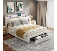 LONELYO lit Coffre 160 x 200 cm, Lit Double rembourré avec éclairage LED et Charge USB, avec sommier à Lattes et tête de lit, Cadre de lit avec tiroirs et Espace de Rangement