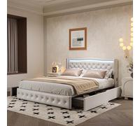LONELYO lit Coffre 160x200 avec éclairage LED et 4 Tiroirs,Lit capitonné 160x200cm avec Rangement, Lit Coffre avec Fonction de Charge de Type C,Double avec sommier à Lattes, Blanc