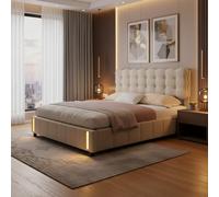 LONELYO Lit Coffre 160x200 avec LED RGB 7 Couleurs & Système Hydraulique - Velours Beige Clair Capitonné, Rangement Spacieux & Sommier à Lattes - Design Moderne