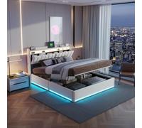 LONELYO Lit Coffre 160x200 avec Sommier à Lattes et LED - Lit Capitonné Beige avec Tête de Lit avec Rangement et Éclairage Ambiant, Design Moderne et Fonctionnel pour Chambre à Coucher