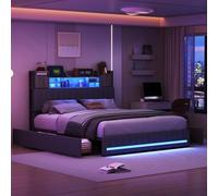 LONELYO Lit Coffre 160x200 avec Sommier LED et USB, Tête de Lit Capitonnée en Bois, Cadre en Lin Moderne, 4 Tiroirs Coulissants, Gris