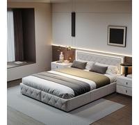 LONELYO lit Coffre 160x200 avec Sommier, Lit Double avec 4 Tiroirs de Rangement et LED, Tete de Lit et éclairage LED, sommier 160x200, Lin (Blanc, 160x200cm)