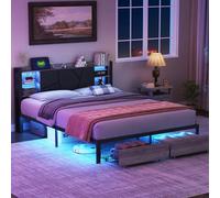 LONELYO Lit Coffre 160x200 avec Sommier Métal et Bois, LED RGB Intégrées, Tête de Lit avec Rangement et Ports USB, Lit Double Design Moderne avec 2 Grands Tiroirs, Capitonné pour Chambre Adulte