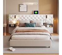 LONELYO Lit Coffre 160x200 cm avec Sommier à Lattes, Tête de Lit Capitonnée en Velours Beige, Éclairage LED Intégré, 2 Tables de Chevet Suspendues, Mécanisme à Vérin Hydraulique, Lit Adulte Moderne