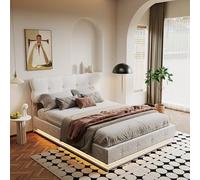 LONELYO Lit Coffre 160x200 cm avec Sommier Intégré - Tête de Lit Capitonnée, Mécanisme Hydraulique, Éclairage LED sous Le Couchage, Lin Beige, pour 2 Personnes