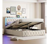 LONELYO Lit Coffre 160x200 cm, Velours Beige Capitonné, LED, Station de Charge USB, Sommier à Lattes, Tête de Lit Rabattable, Tiroirs Escamotables