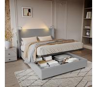 LONELYO Lit Coffre avec éclairage LED, 140×200 cm, lit Double, avec Rangement hydraulique, sommier à Lattes, Montage Facile, Gris