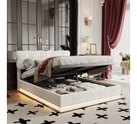 LONELYO Lit Coffre Double 140x200 cm avec Sommier Intégré et Tête de Lit Capitonnée, Mécanisme Hydraulique, Éclairage LED sous Couchage en Lin Beige, Design Moderne pour Chambre Adulte