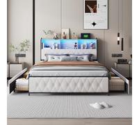 LONELYO Lit Coffre Double 160x200 Velours Beige avec LED, Tête de Lit Capitonnée, 4 Tiroirs de Rangement, Sommier Inclus, pour Chambre Moderne