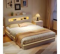 LONELYO Lit Coffre LED 160×200 cm avec tête de lit rembourrée Velours Beige + tiroirs de Rangement, Bande LED RGB & Ports USB (160x200)