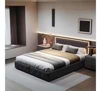 LONELYO Lit de 160 x 200 cm, avec éclairage LED et espace de rangement, en polyuréthane gris, lit rembourré moderne avec 2 tiroirs pour plus d'ordre
