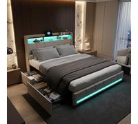 LONELYO Lit Double 140x190 cm avec Sommier Intégré, Coffre de Rangement, Tissu en Lin Beige, Éclairage LED RGB Multicolore, Ports USB et Type-C, Tête de Lit avec Étagère et 4 Tiroirs Spacieux