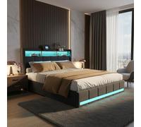 LONELYO Lit Double 140x190 cm avec Sommier Intégré, Coffre de Rangement, Tissu en Lin Gris, Éclairage LED RGB Multicolore, Ports USB et Type-C, Tête de Lit avec Étagère et 4 Tiroirs Spacieux