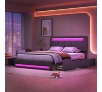 LONELYO Lit Double 140x200 avec Sommier et Rangement - Lit Capitonné pour Adultes en Tissu de Lin Gris, 4 Tiroirs, Éclairage LED Multicolore, Tête de Lit Ajustable