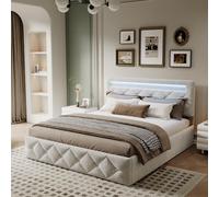 LONELYO Lit Double 140x200 cm avec Coffre Hydraulique, Tête de Lit LED Réglable, Velours Beige Capitonné, Sommier Intégré, Design Moderne avec Ports USB, Idéal pour Adultes